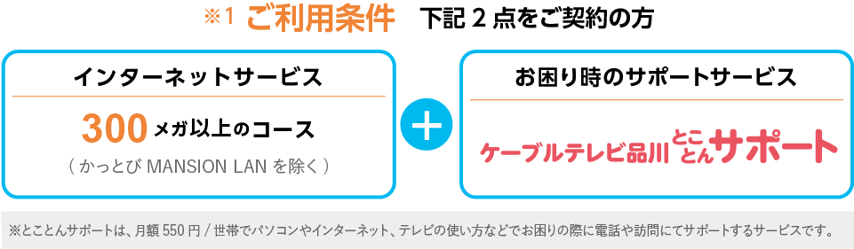 インターネットサービス300メガ以上コース（かっとび MANSION LAN/かっとび光を除く）+お困り時のサポートサービス　ケーブルテレビ品川とことんサポート　※とことんサポートは、月額550円/世帯でパソコンやインターネット、テレビの使い方などでお困りの際に電話や訪問にてサポートするサービスです。