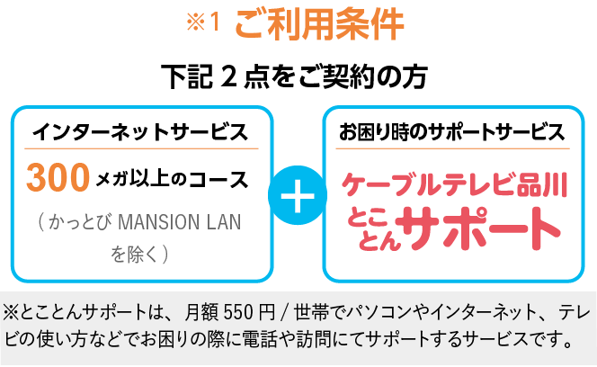 インターネットサービス300メガ以上コース（かっとび MANSION LAN/かっとび光を除く）+お困り時のサポートサービス　ケーブルテレビ品川とことんサポート　※とことんサポートは、月額550円/世帯でパソコンやインターネット、テレビの使い方などでお困りの際に電話や訪問にてサポートするサービスです。